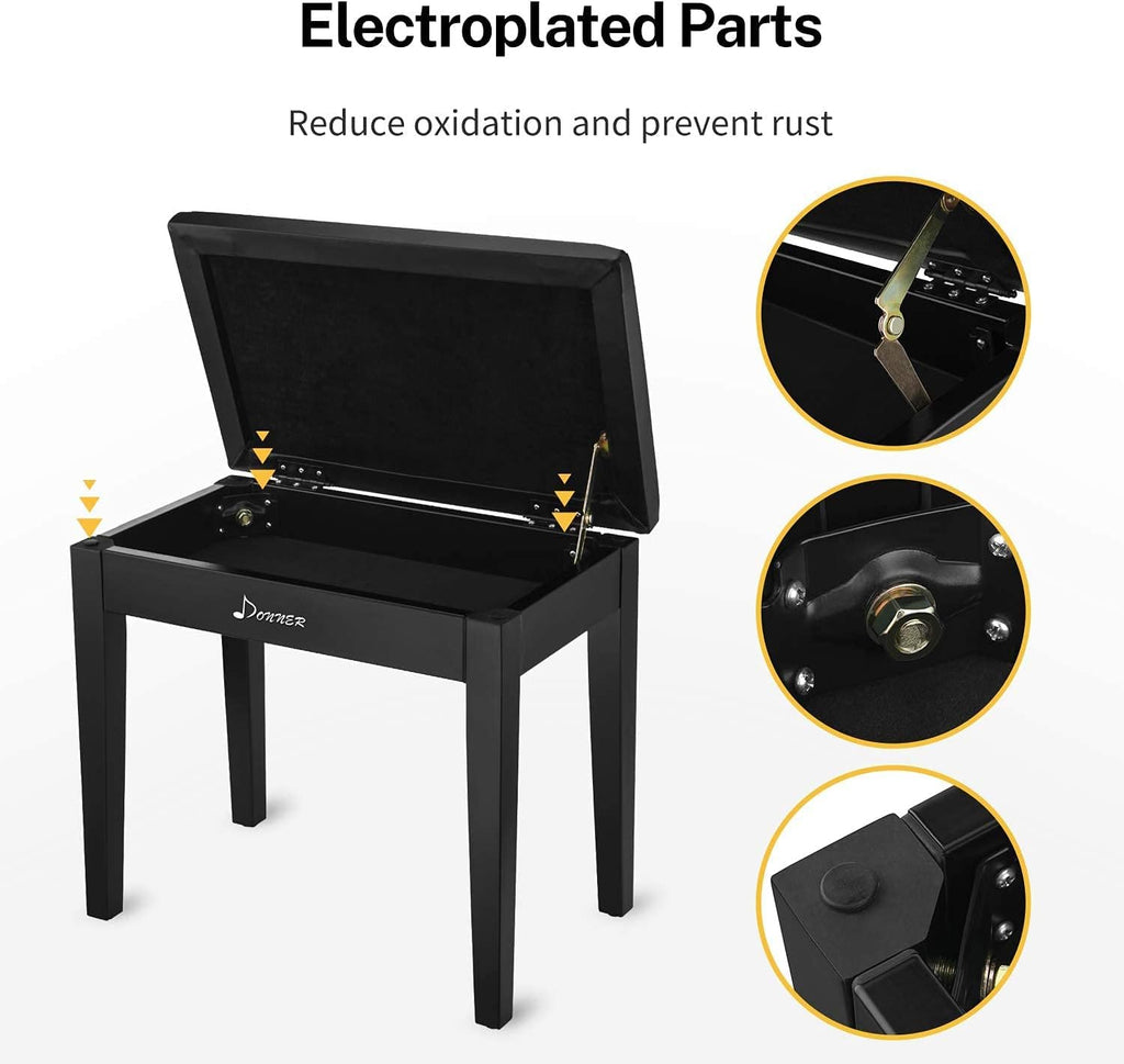 Donner Piano Bench with Storage, Solid Wood, Black V25467
