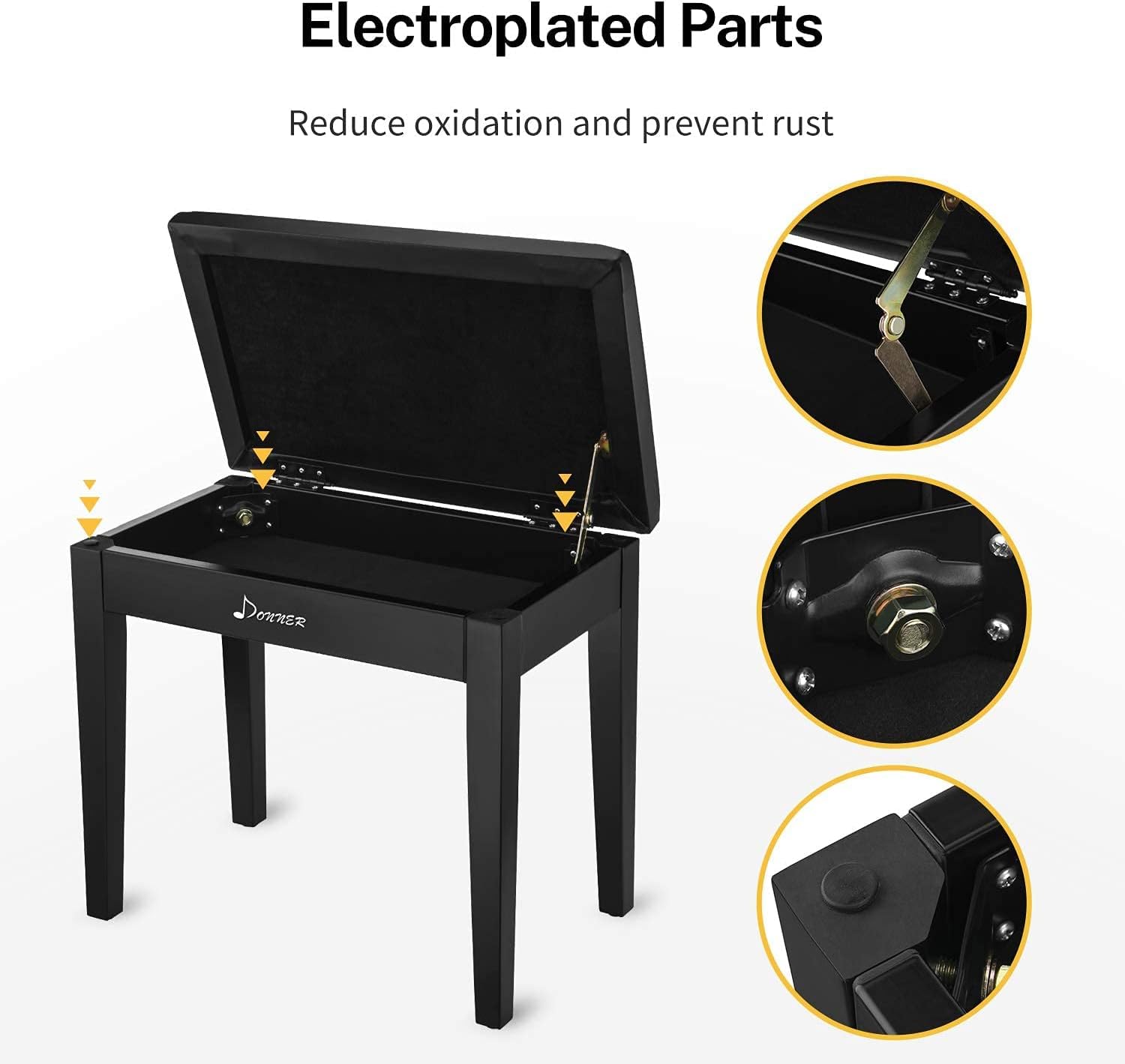 Donner Piano Bench with Storage, Solid Wood, Black V25467