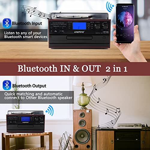 LoopTone Bluetooth Record Player 3 Speed Vinyl Turntable with CD, Cassette, AM/FM Radio Z8374