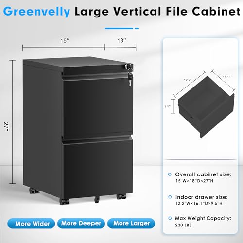 Greenvelly 3 Drawer Mobile File Cabinet with Lock, Black Z901