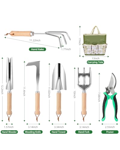 Gardening Tool Set for Women - Stainless Steel with Storage Tote (Green) X459876