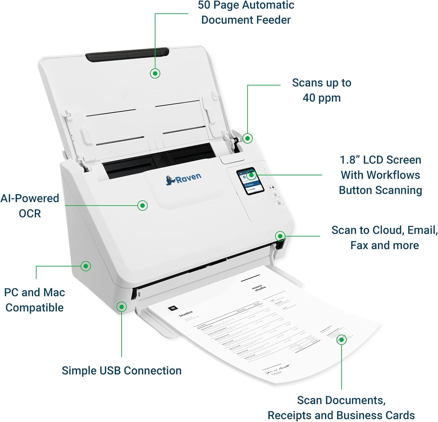 Raven Select Document Scanner for Windows PC and Mac, Duplex, ADF, USB E889