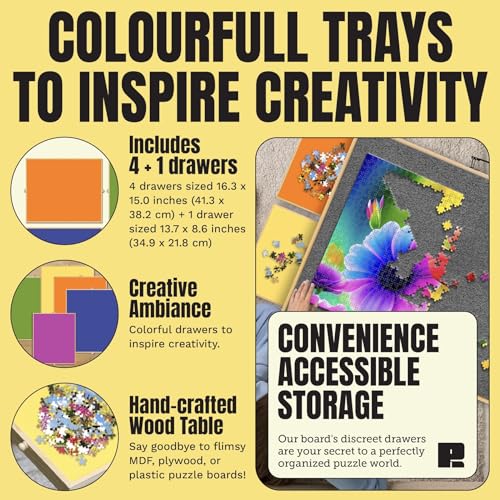 Puzzle Board with Drawers & Cover for 1000 Pieces, Wooden Jigsaw Table with Lazy Susan Spinning Cover X435