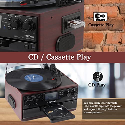 LoopTone Bluetooth Record Player 3 Speed Vinyl Turntable with CD, Cassette, AM/FM Radio Z8374