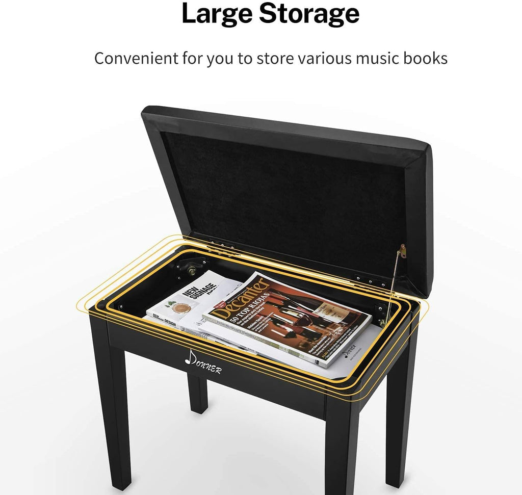 Donner Piano Bench with Storage, Solid Wood, Black V25467