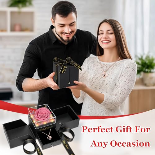 Preserved Red Rose with Necklace and Light for Mom Q61995