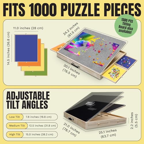Puzzle Board with Drawers & Cover for 1000 Pieces, Wooden Jigsaw Table with Lazy Susan Spinning Cover X435