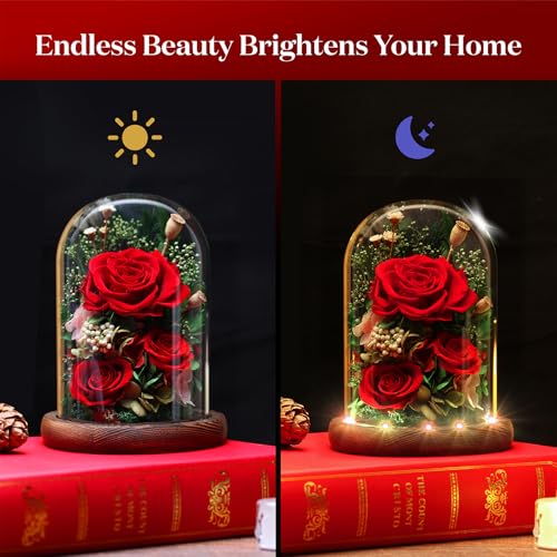 Forever Fresh Rose Flower Bouquet in Glass Dome, Preserved Purple Flowers J370