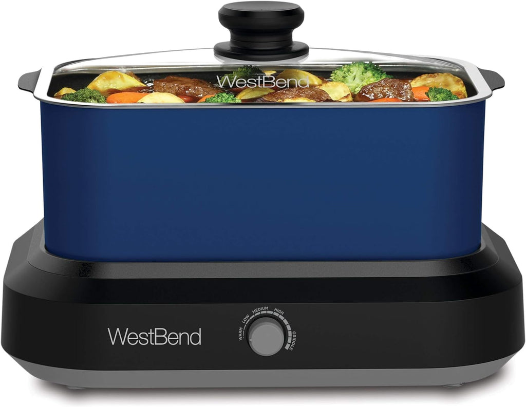 West Bend 87905 Versatility Slow Cooker Large Capacity Non-stick Dishwasher Safe Variable Temperature Control Includes Travel Lid & Thermal Carrying Case, 5-Quart, Silver