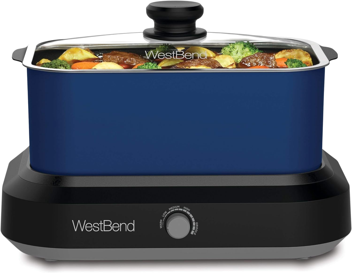 West Bend 87905 Versatility Slow Cooker Large Capacity Non-stick Dishwasher Safe Variable Temperature Control Includes Travel Lid & Thermal Carrying Case, 5-Quart, Silver