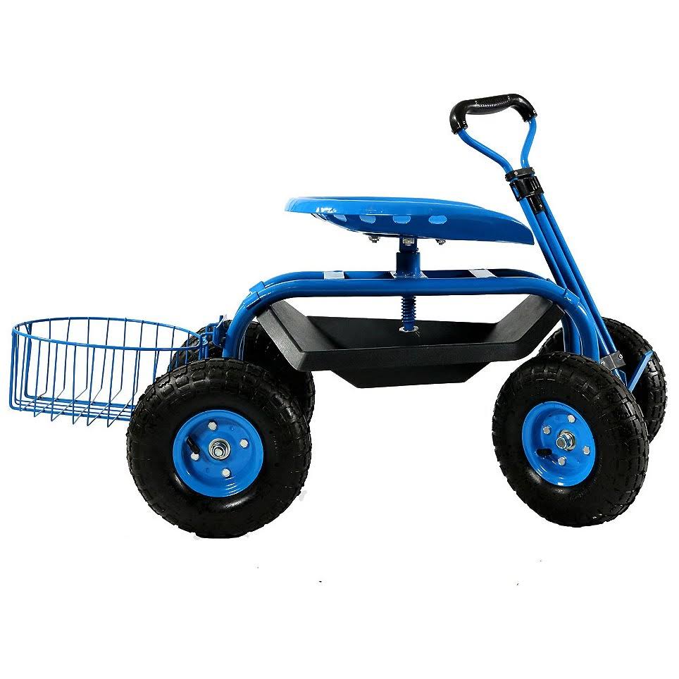 Sunnydaze Blue Rolling Garden Cart with Extendable Handle, Swivel Seat L6136