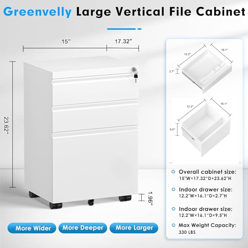 Greenvelly 3 Drawer Mobile File Cabinet with Lock, Black Z901