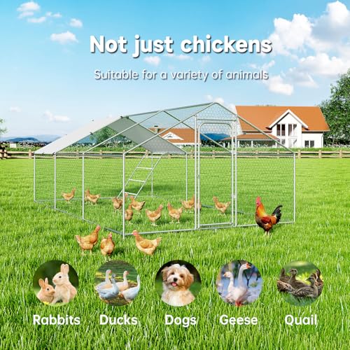 Large Metal Chicken Coop Walk-in Poultry Cage with Waterproof Cover D237341