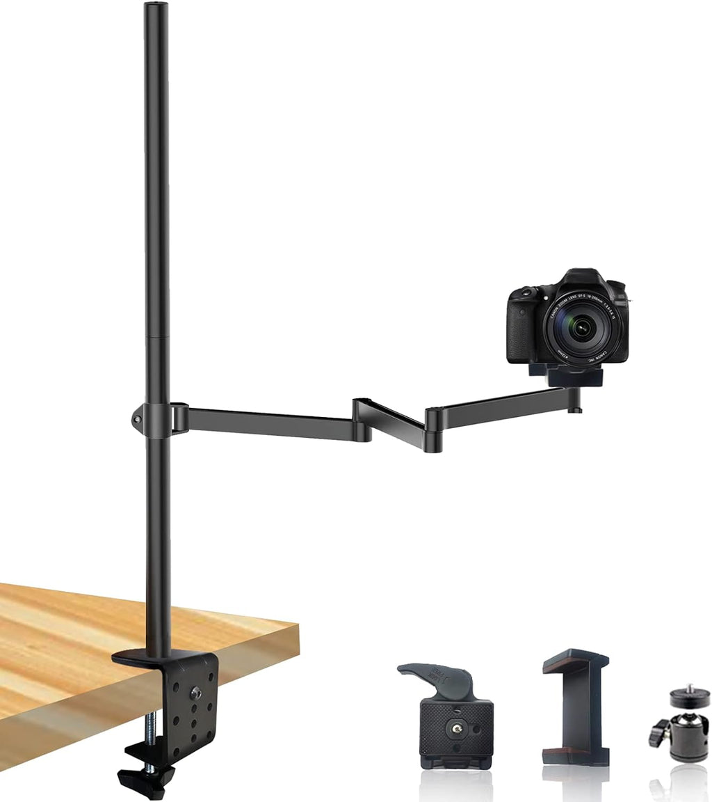 Heavy Desktop Overhead Camera Mount Rig Stand, Top Down DSLR Photography Holder with Flexible Arm and 360° Ball Head, Adjustable Height and Length for Ring Light/Video Camera/Webcam/Panel Light