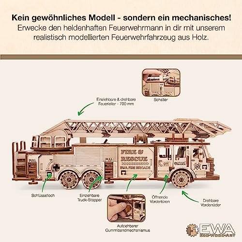 3D Wooden Puzzle Fire Truck Mechanical Model Kit with Wind Up Mechanism, 439 Pieces W6533