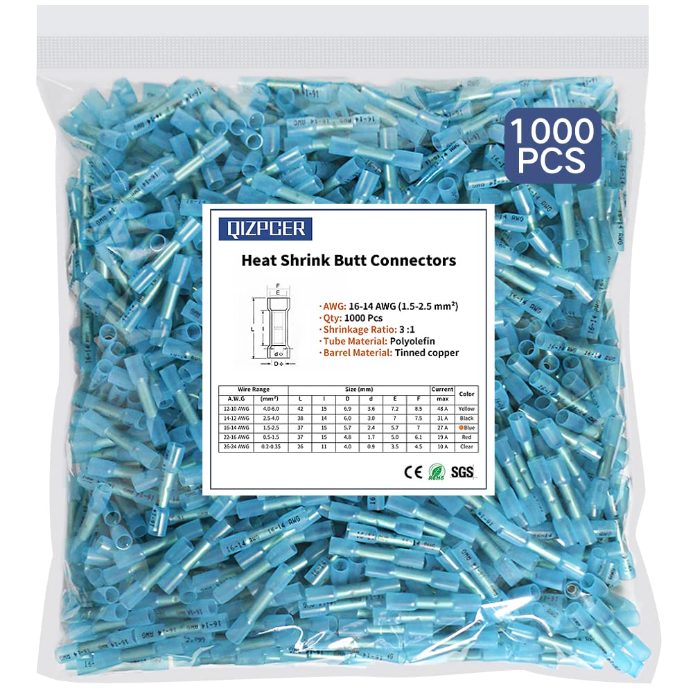 1000 Pcs Blue Heat Shrink Butt Connectors, 16-14 AWG Waterproof Electrical Crimp Wire Splice for Marine, Cable, Wiring