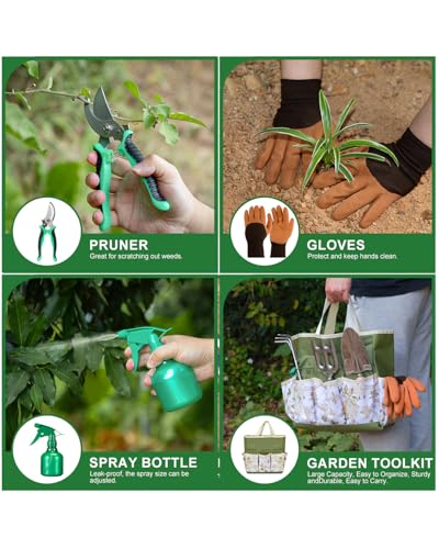 Gardening Tool Set for Women - Stainless Steel with Storage Tote (Green) X459876