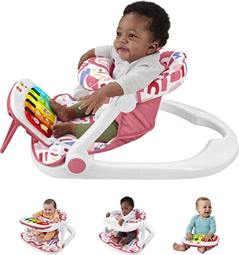 Fisher-Price Portable Baby Chair, Pink Kick & Play Deluxe Sit-Me-Up Seat with Piano Toy & Snack Tray O7962