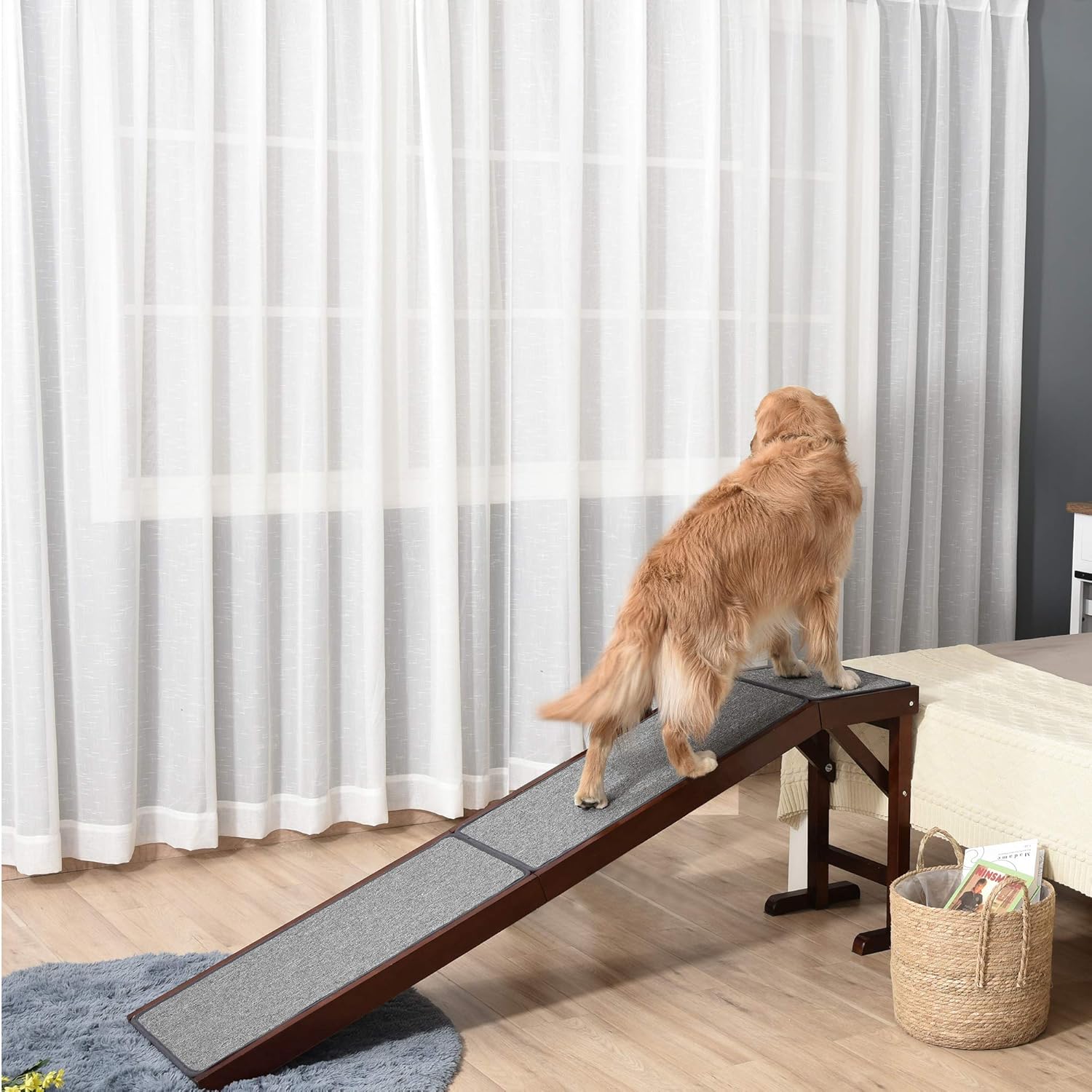 PawHut Dog Ramp Non-Slip Carpet Top Pine Wood 74L x 16W x 25H, Brown Grey M847