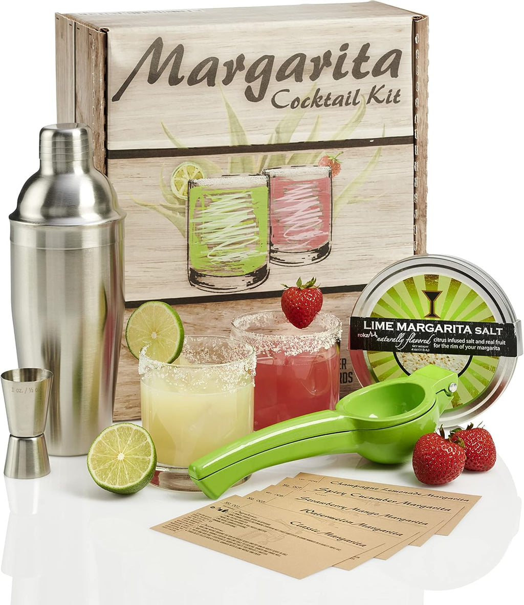 Margarita Cocktail Kit - Set of Rocks Glasses | Stainless Cocktail Shaker & Jigger | Citrus Squeezer | Rokz Lime Infused Margarita Salt | Recipe Cards. Accessories to Craft Perfect Margaritas at Home!