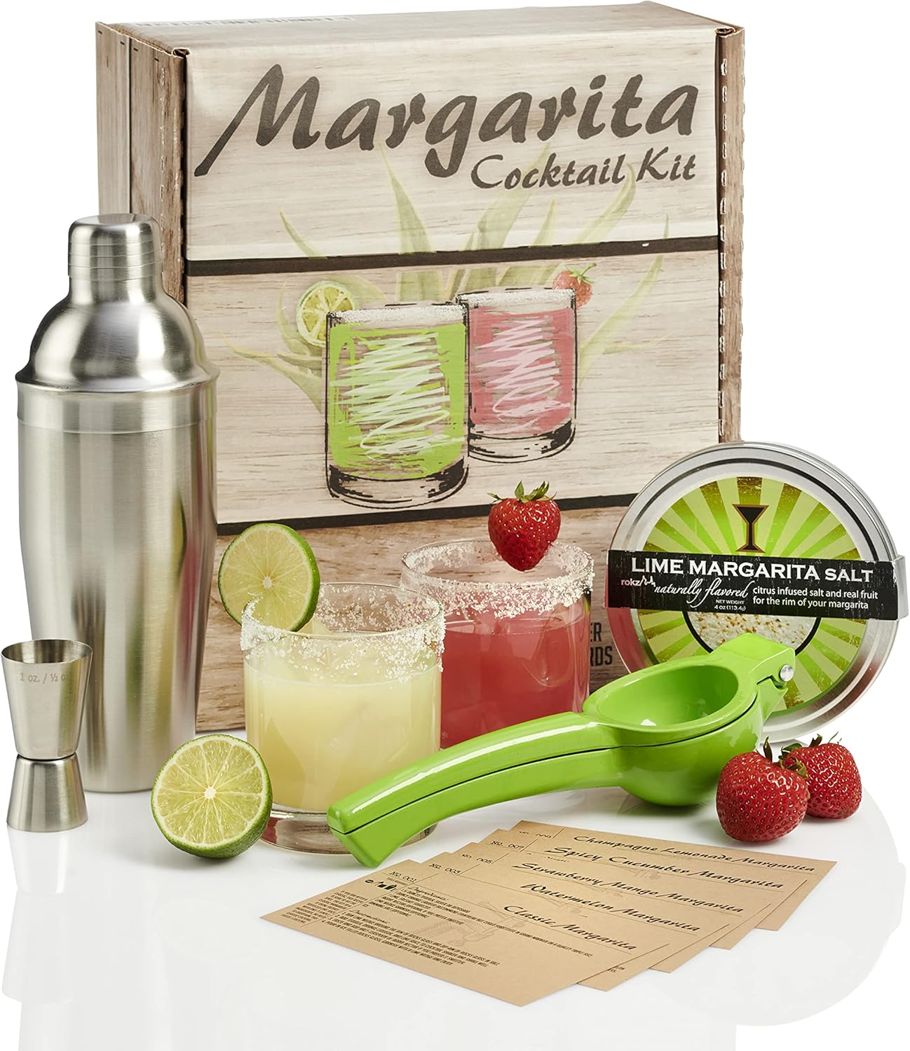 Margarita Cocktail Kit - Set of Rocks Glasses | Stainless Cocktail Shaker & Jigger | Citrus Squeezer | Rokz Lime Infused Margarita Salt | Recipe Cards. Accessories to Craft Perfect Margaritas at Home!
