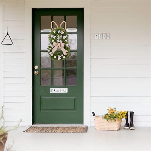 Bunny Shaped Easter Boxwood Wreath for Front Door, Handmade with Beaded Ears B739