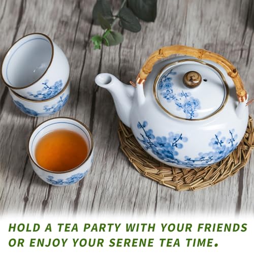 Japanese Tea Set Porcelain with Teapot and Cups for 4, Blue and White, Stainless Infuser, Bamboo Tray O10118