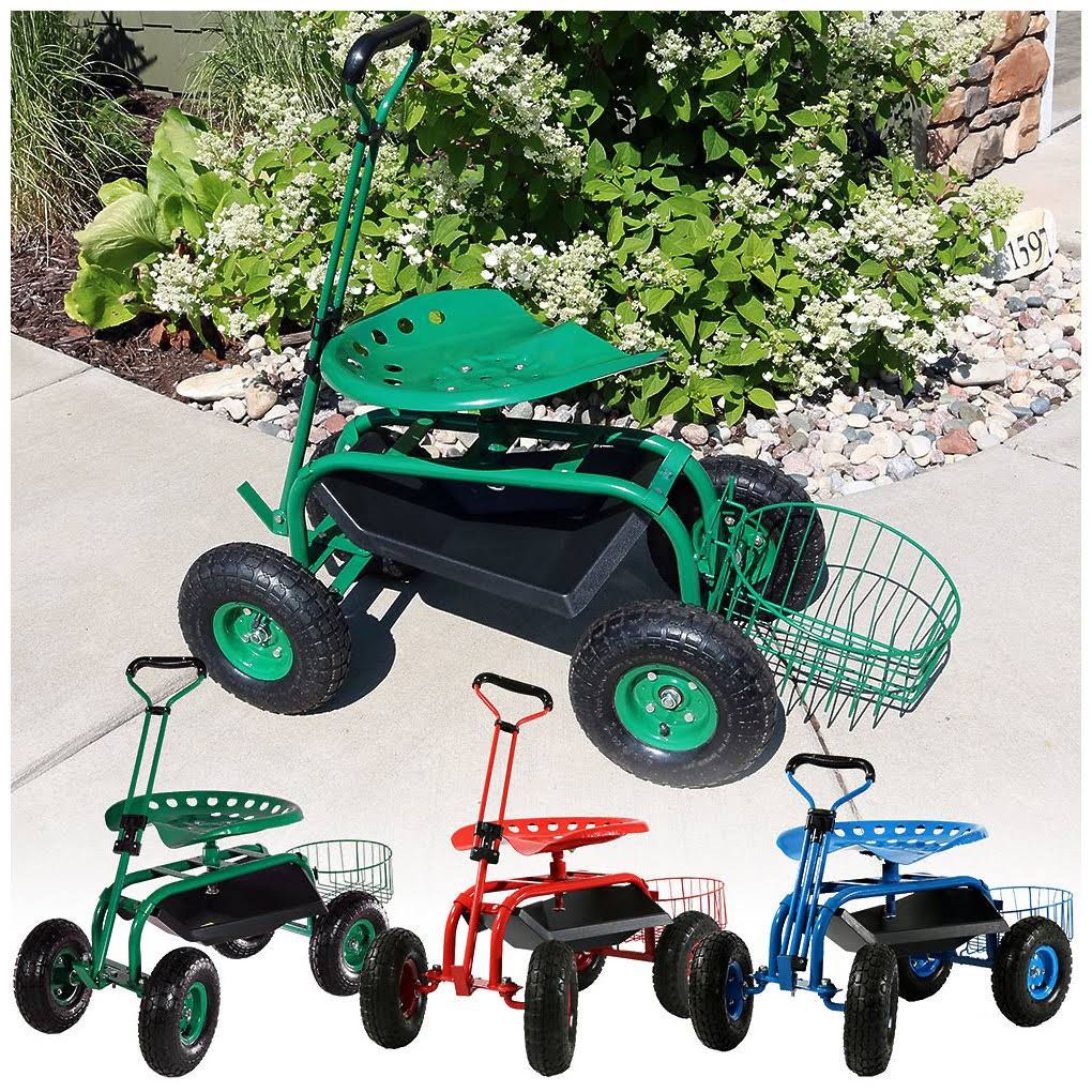 Sunnydaze Blue Rolling Garden Cart with Extendable Handle, Swivel Seat L6136