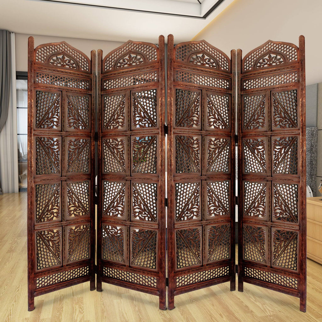 Traditional Four Panel Wooden Room Divider with Hand Carved Details, Antique Brown M13518