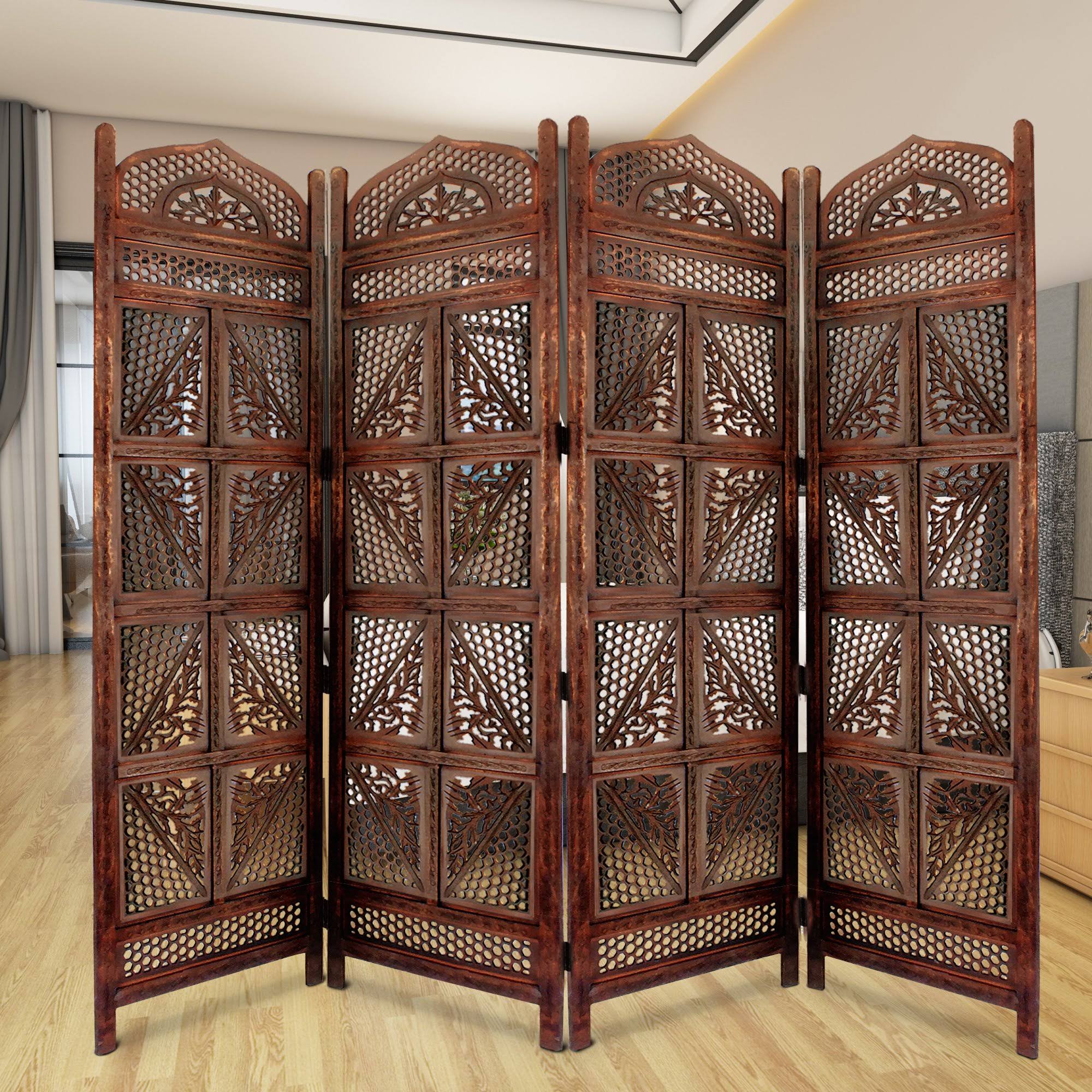 Traditional Four Panel Wooden Room Divider with Hand Carved Details, Antique Brown M13518