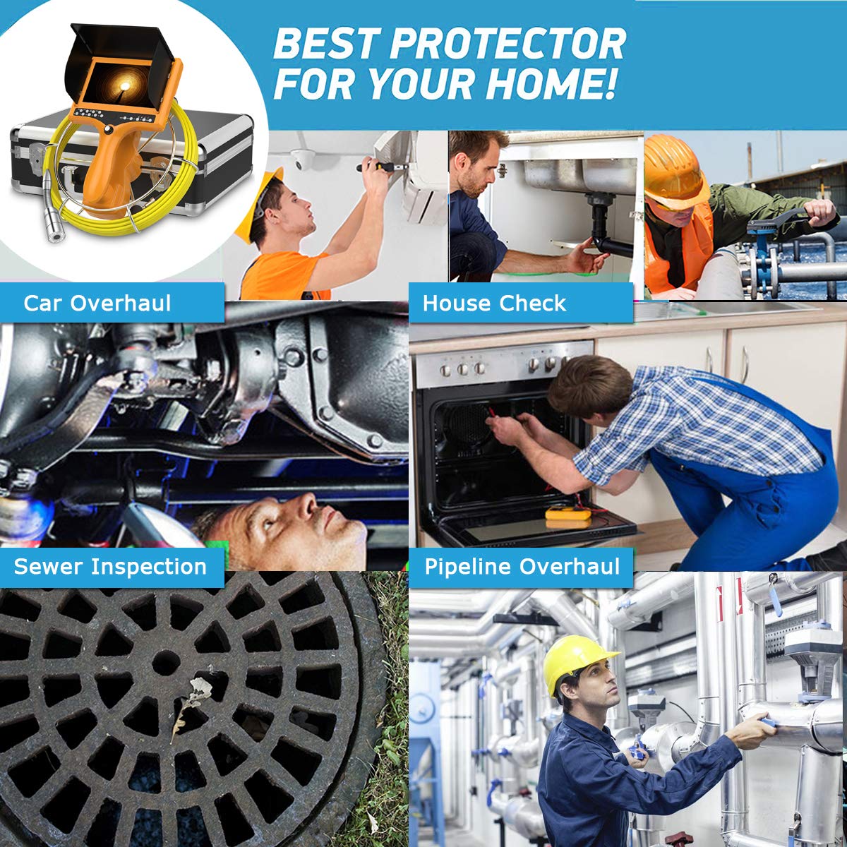 Sewer Camera with Distance Counter, Pipe Inspection System IP68 Waterproof, 7" Monitor 20M/65ft Y231555