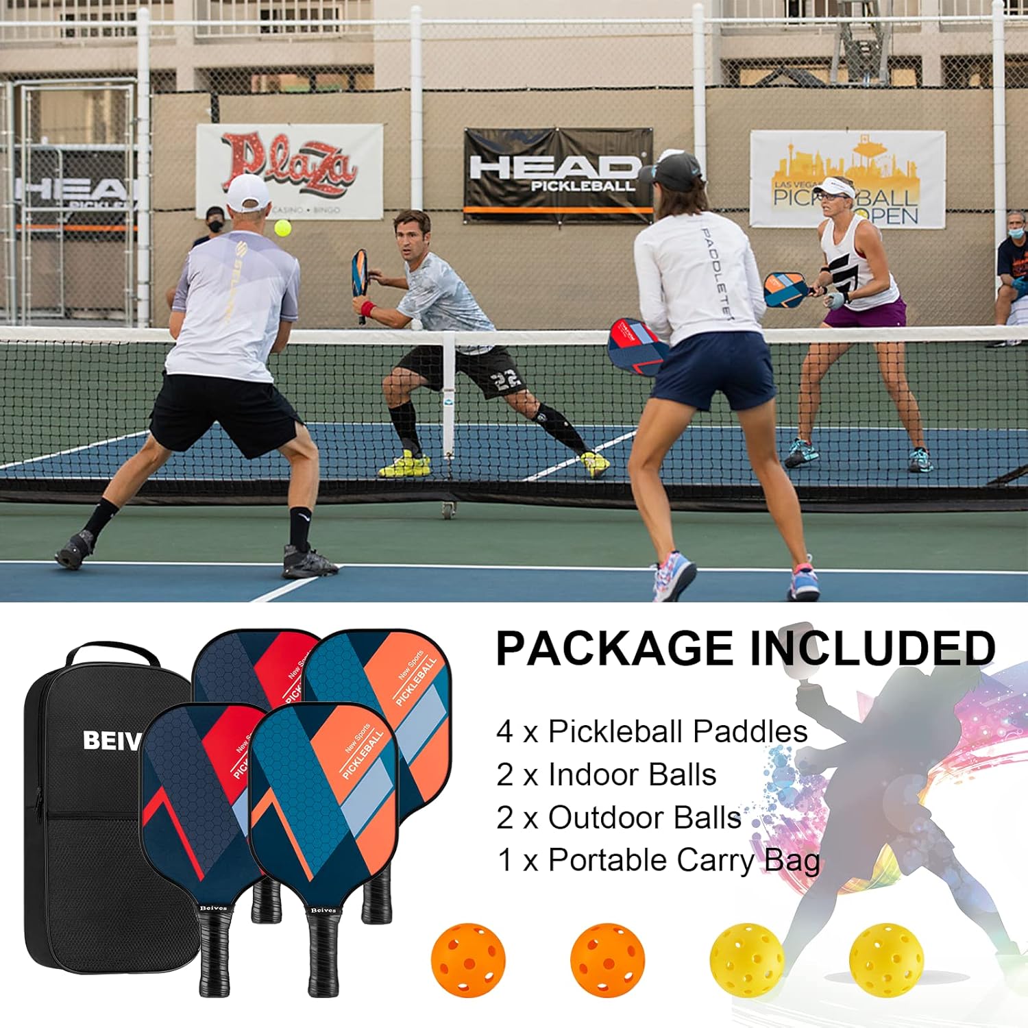 Beives Pickleball Paddles Set of 4 with 4 Balls and Carry Bag Y41624