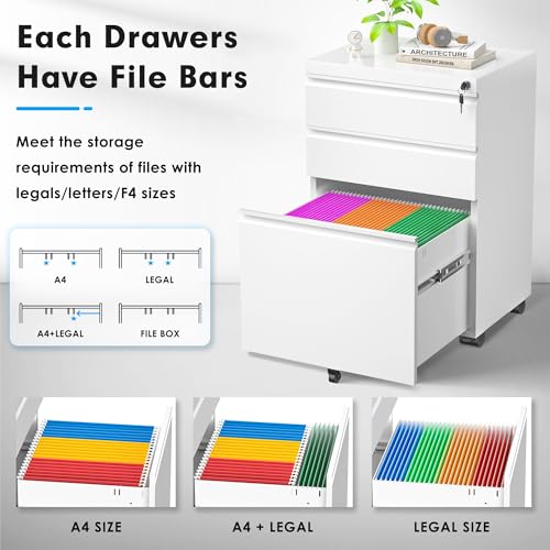 Greenvelly 3 Drawer Mobile File Cabinet with Lock, Black Z901