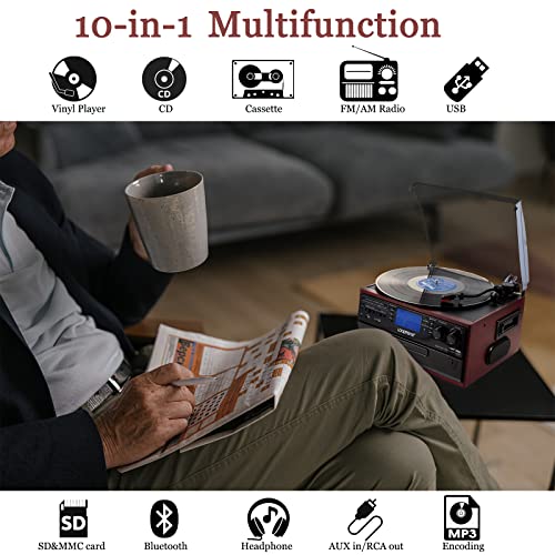 LoopTone Bluetooth Record Player 3 Speed Vinyl Turntable with CD, Cassette, AM/FM Radio Z8374