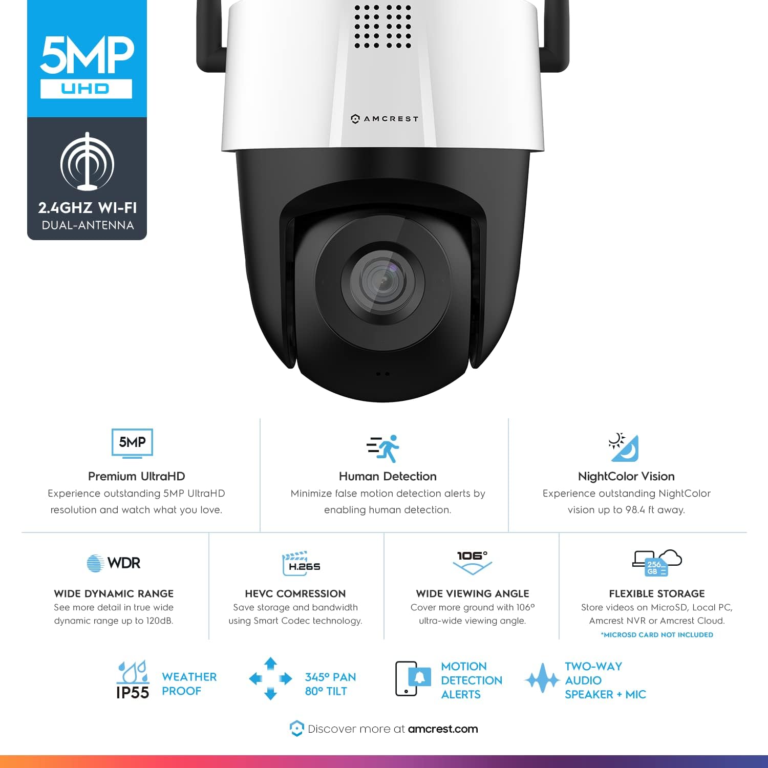 Amcrest 5MP UltraHD Mini AI Outdoor WiFi Security IP Camera with Two-Way Audio, White P410397