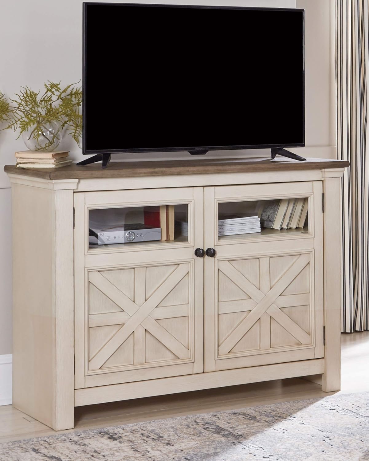 Signature Design by Ashley Bolanburg Farmhouse TV Stand for TVs up to 72, Whitewash A9526