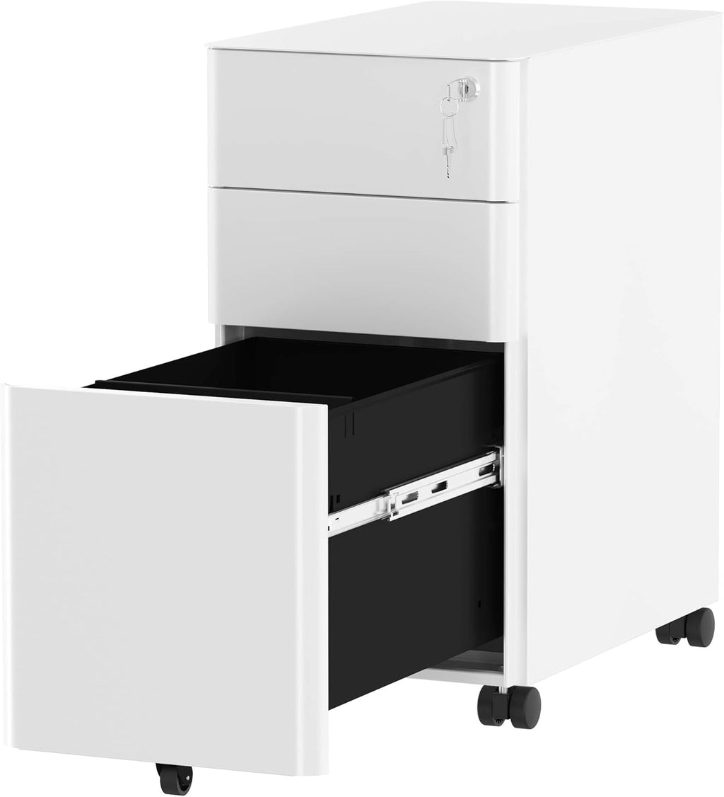YITAHOME 3-Drawer Slim File Cabinet with Lock, Mobile Metal Storage, White S6143