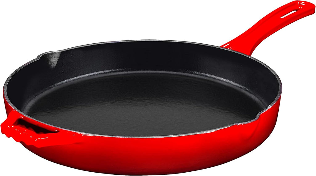 Cast Iron Skillet 12 Inch Non-Stick Frying Pan with Pour Spouts, Red Enameled V844359