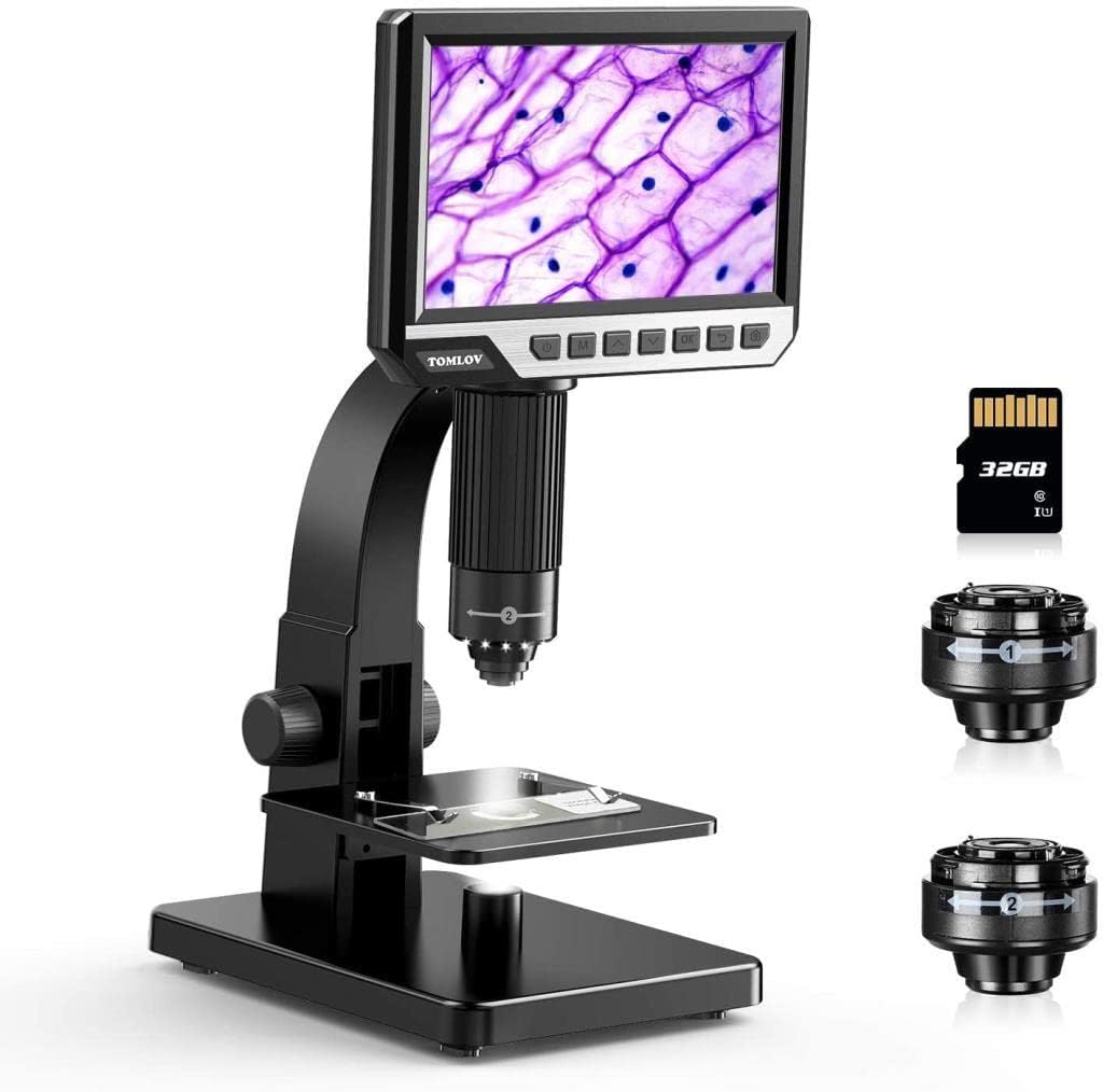 TOMLOV DM11 LCD Digital Microscope with 2000X Dual Lens(Digital & Microbial Lens), 7'' IPS Display�O10 LEDs�O12MP Resolution�OWindows/Mac OS Compatible, SD Card Included