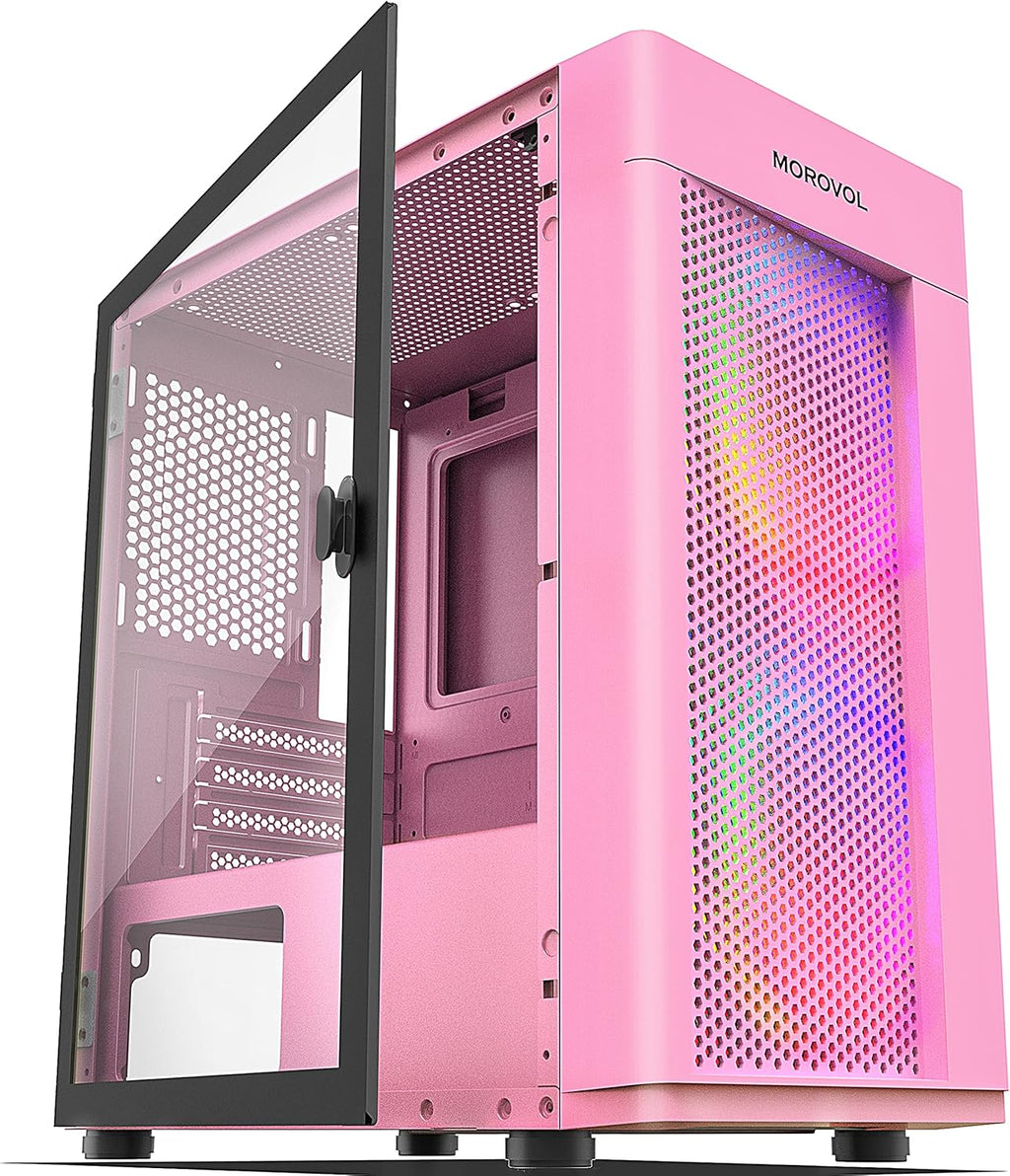 MOROVOL Mesh Micro-ATX Tower Computer Case, White, ARGB Fans Pre-Installed E400003