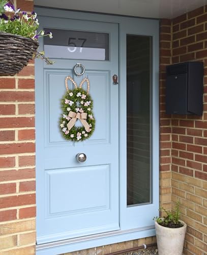 Bunny Shaped Easter Boxwood Wreath for Front Door, Handmade with Beaded Ears B739