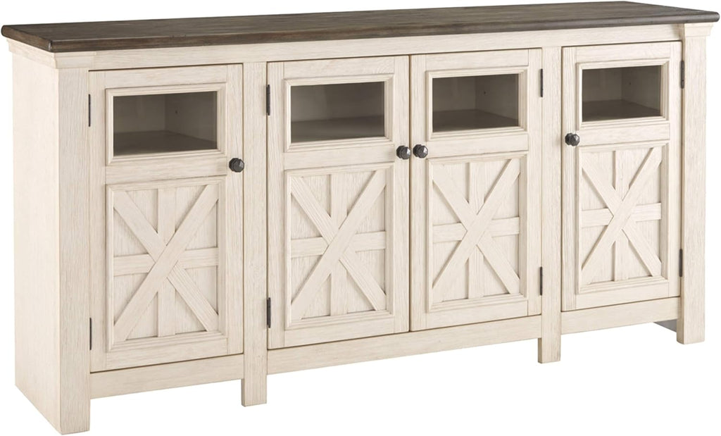 Signature Design by Ashley Bolanburg Two Tone Farmhouse TV Stand, Fits TVs up to 72, 3 Cabinets and Adjustable Storage Shelves, Whitewash