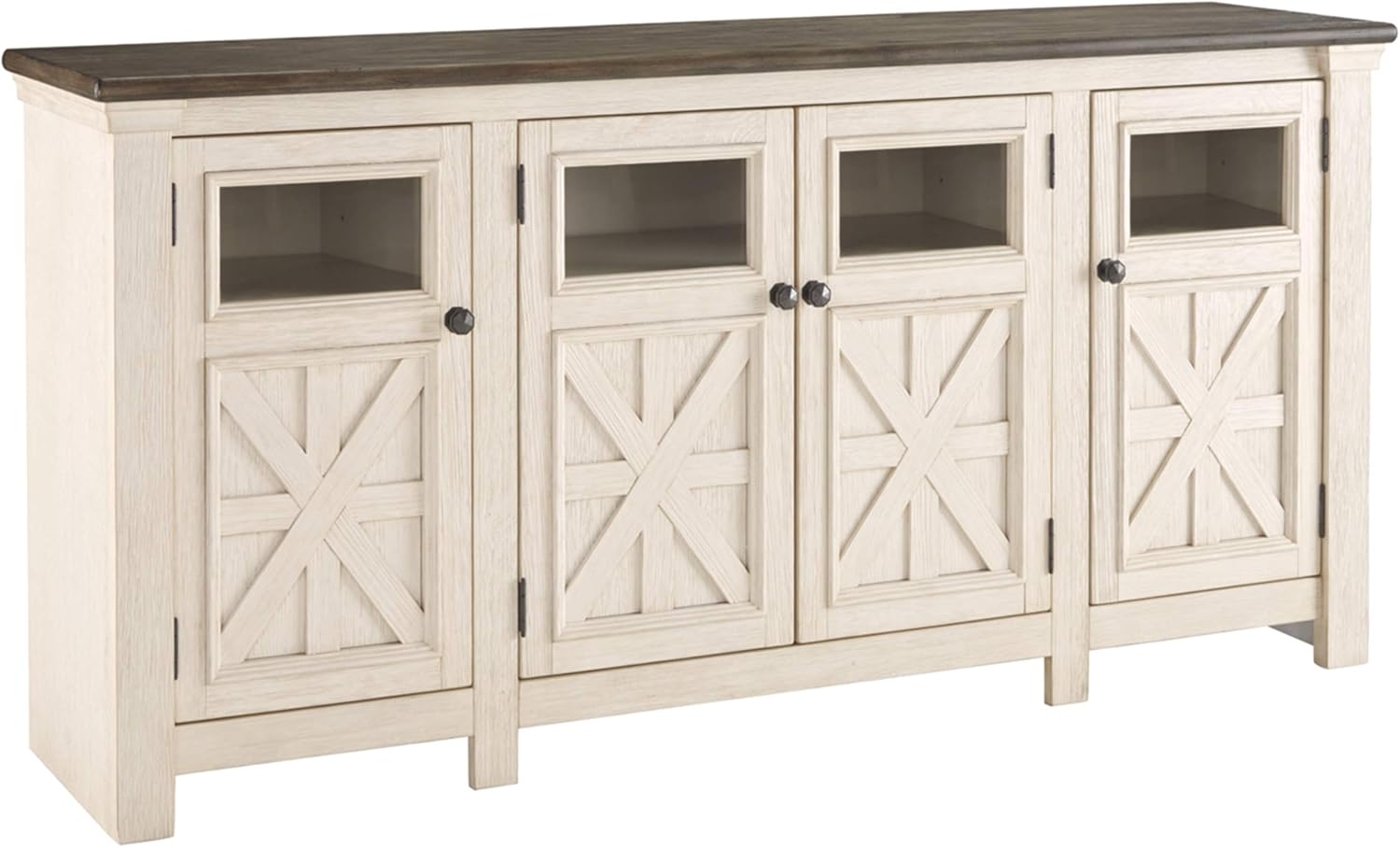 Signature Design by Ashley Bolanburg Two Tone Farmhouse TV Stand, Fits TVs up to 72, 3 Cabinets and Adjustable Storage Shelves, Whitewash