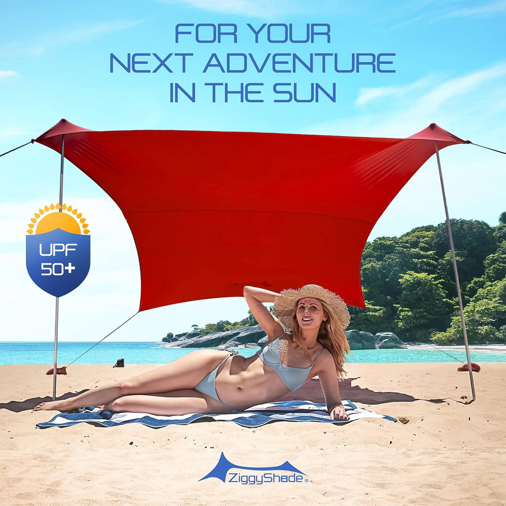 ZiggyShade Family Beach Sunshade – Lightweight UPF50+ UV Canopy with Sandbag Anchors J249613