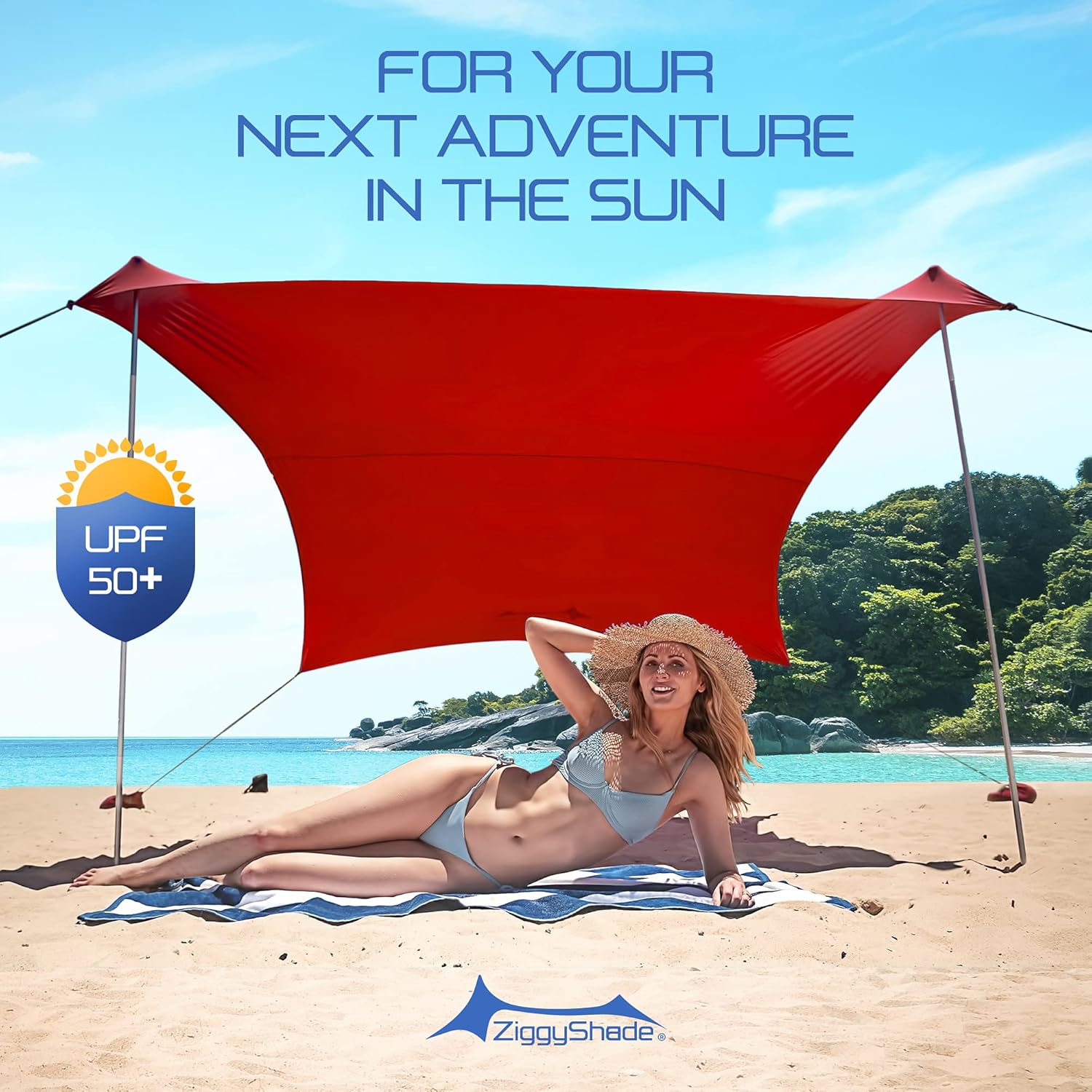 ZiggyShade Family Beach Sunshade – Lightweight UPF50+ UV Canopy with Sandbag Anchors J249613