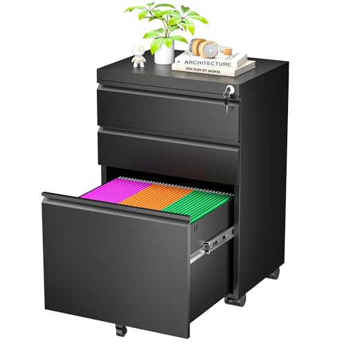 Greenvelly 3 Drawer Mobile File Cabinet with Lock, Black Z901