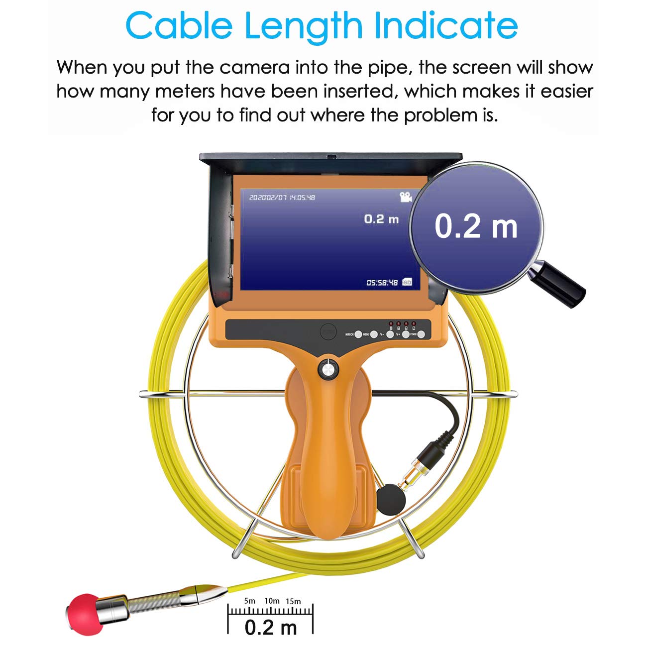 Sewer Camera with Distance Counter, Pipe Inspection System IP68 Waterproof, 7" Monitor 20M/65ft Y231555