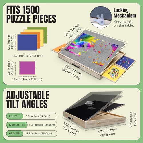 Puzzle Board with Drawers & Cover for 1000 Pieces, Wooden Jigsaw Table with Lazy Susan Spinning Cover X435