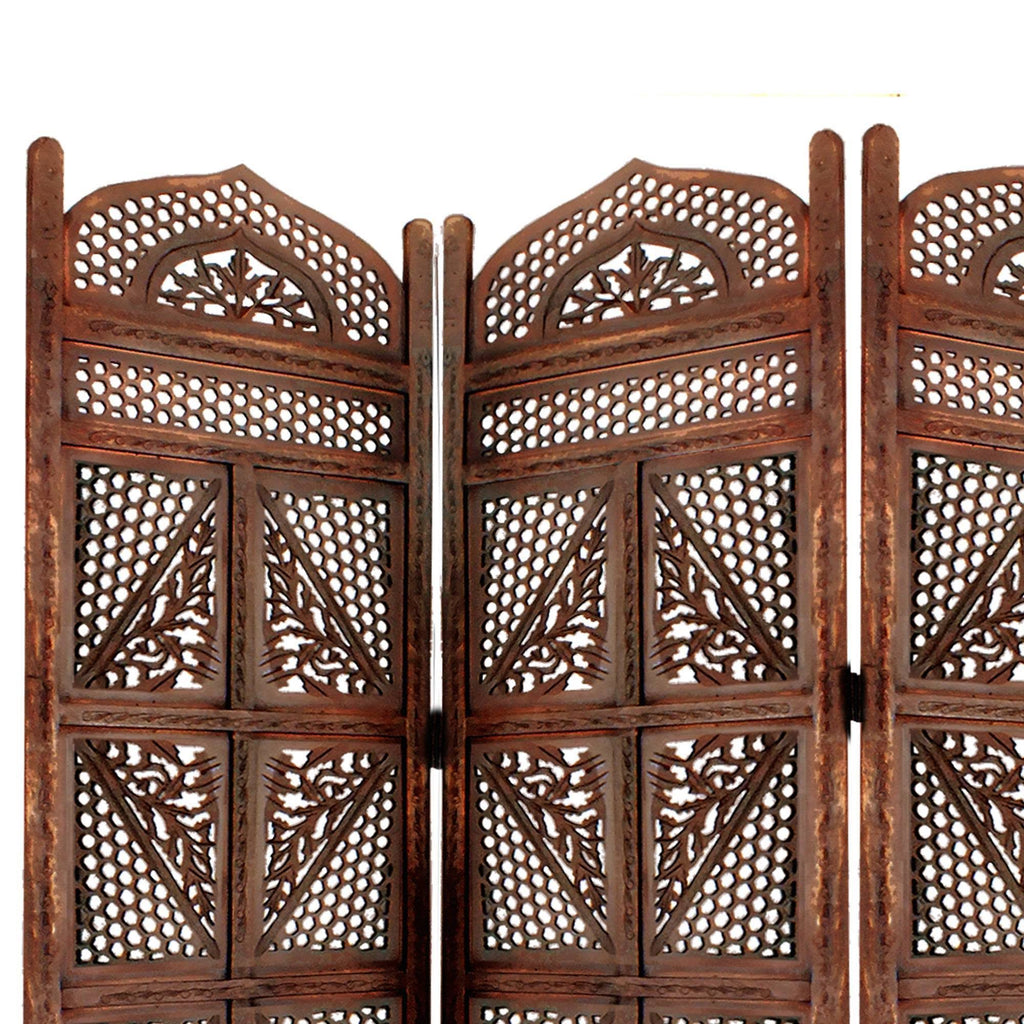 Traditional Four Panel Wooden Room Divider with Hand Carved Details, Antique Brown M13518