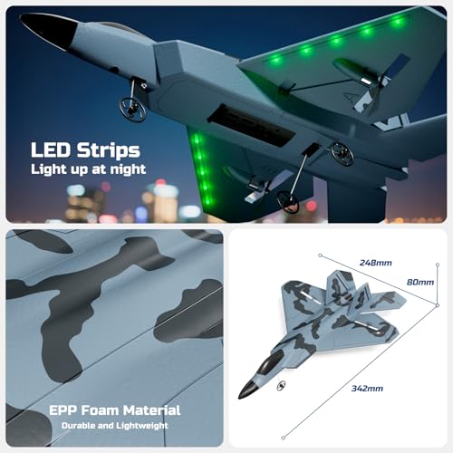 RC Plane F-22 Glider Fighter Jet for Kids Beginners, 2.4GHz Ready to Fly with LED Lights N789